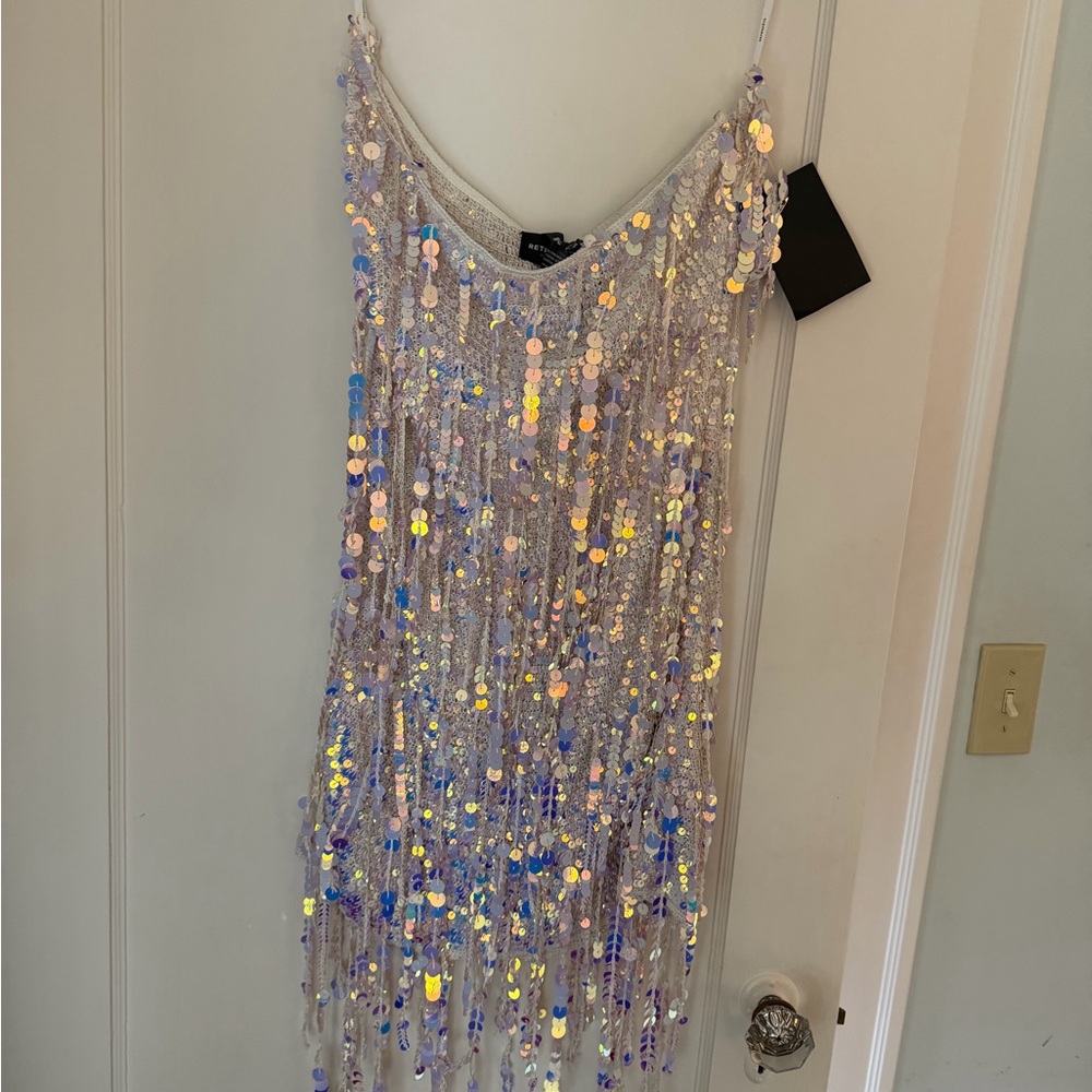Retrofete Strapless Sequin Fringe Mini Dress in Iridescent Lilac and Blue - Picture 3 of 12